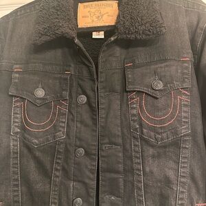True Religion Black Denim Jacket with Red Stitching